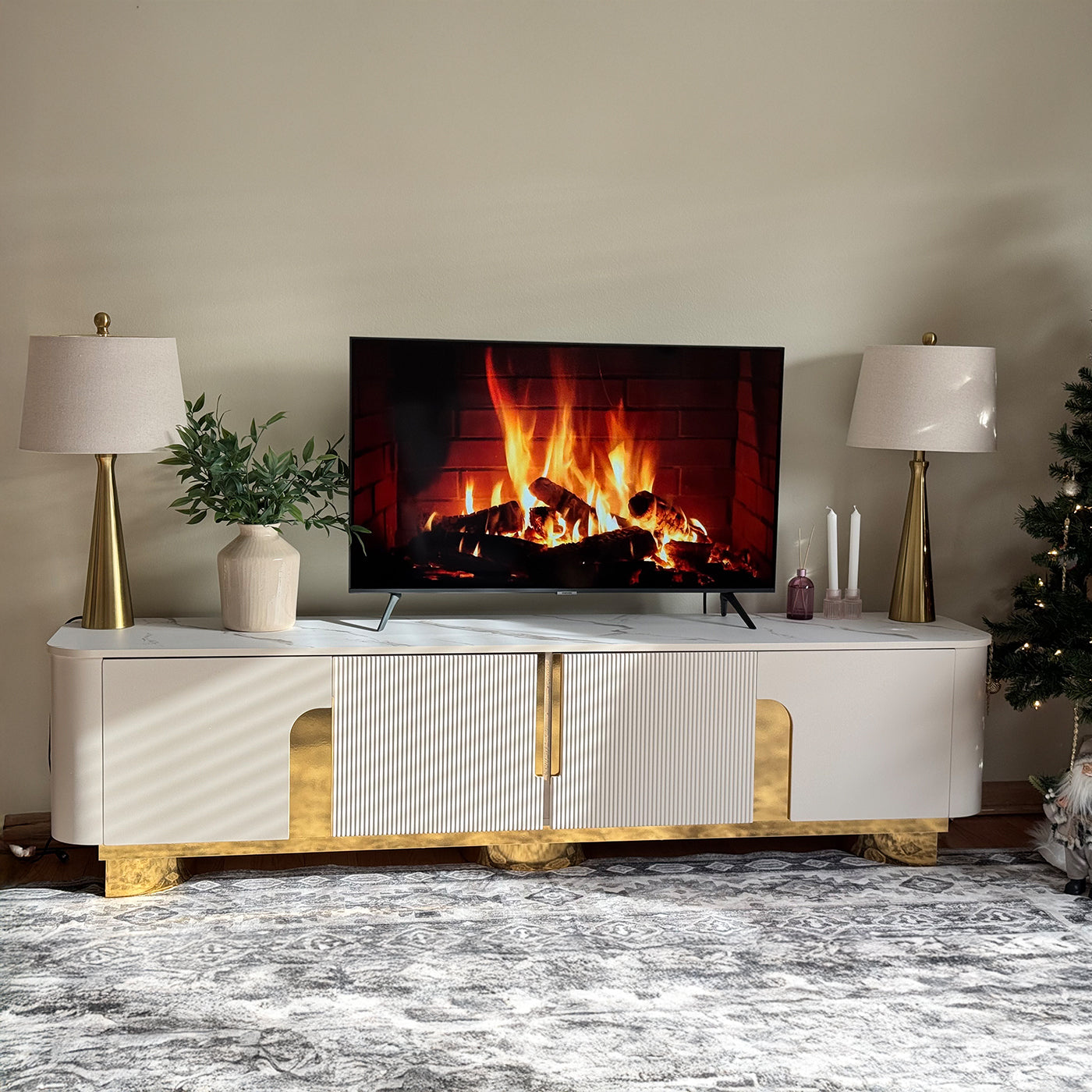 Elina Nordic White Rounded-Corner TV Stand & Coffee Table Set for Modern Living Room