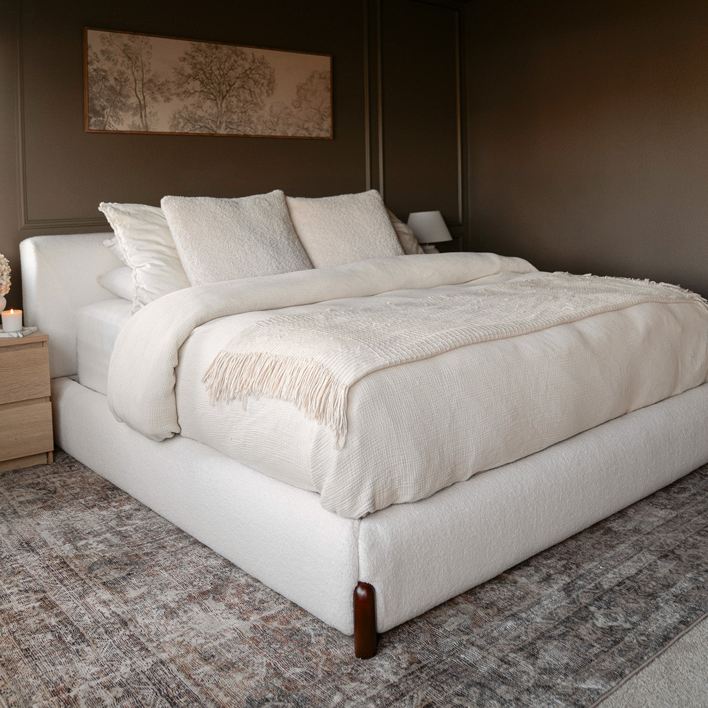 Miya Japandi Upholstered Sherpa Queen/King Platform Bed Frame with Thickness Headboard