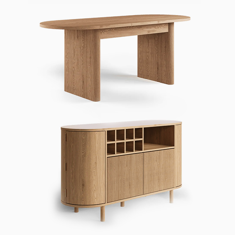 Todd Japandi 4 - 6 Person 63 Inch to 78.7 Inch Oval Wood Dining Tables with Storage Extendable Tabletop & Sideboard Set