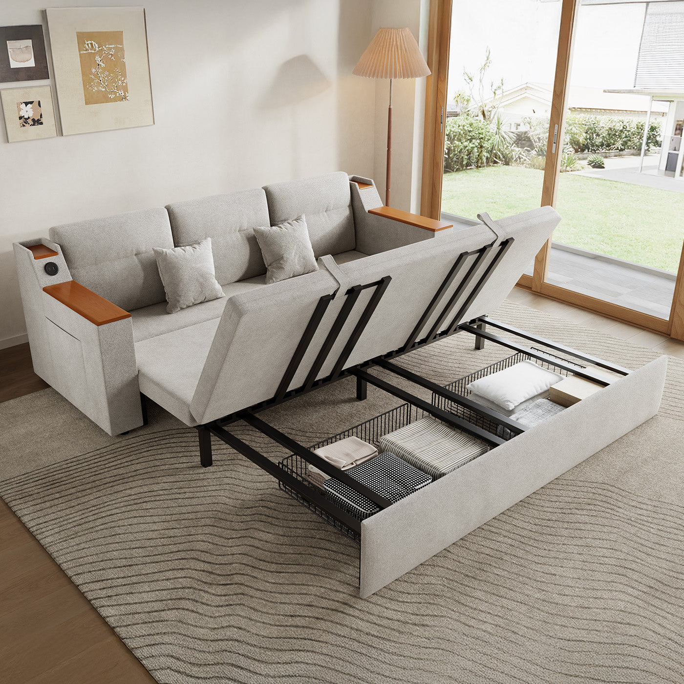 Miya Japandi Convertible Sleeper Sofa Trundle Bed Futon with Storage & USB Port
