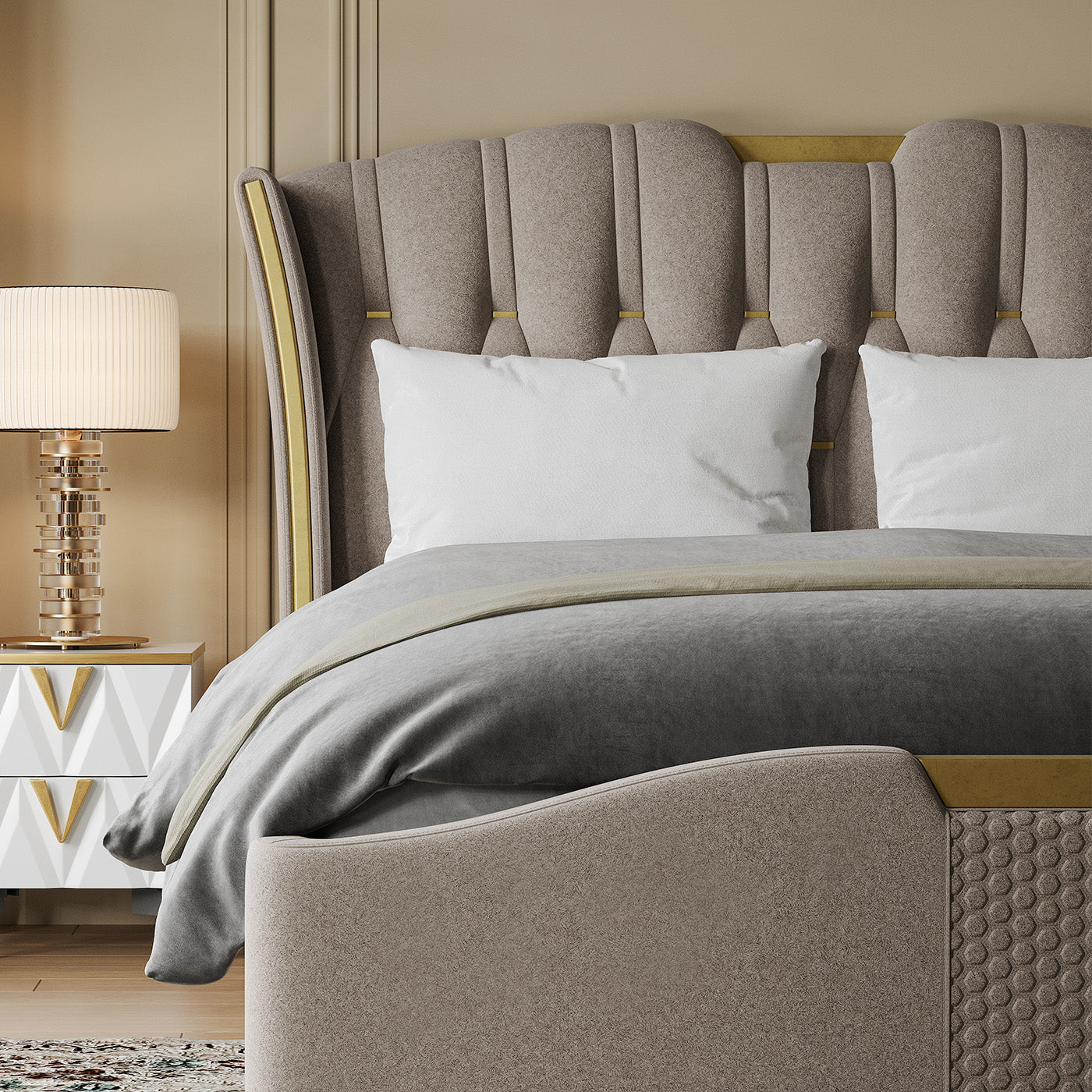 Sophie Common Luxury Tufted Grey Upholstered Wingback Platform Bed Frame Queen with Headboard