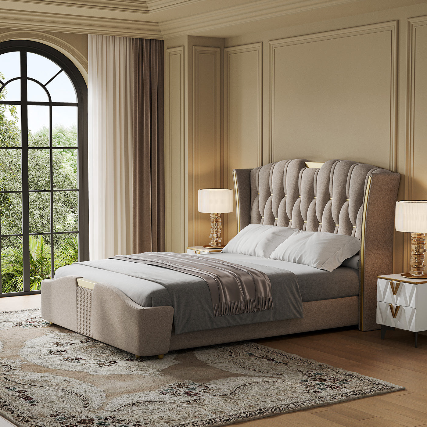 Sophie Common Luxury Tufted Grey Upholstered Wingback Platform Bed Frame Queen with Headboard
