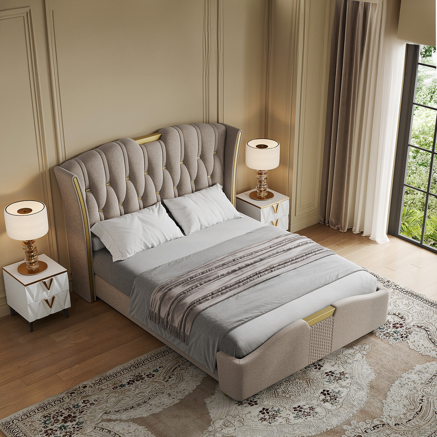 Sophie Common Luxury Tufted Grey Upholstered Wingback Platform Bed Frame Queen with Headboard