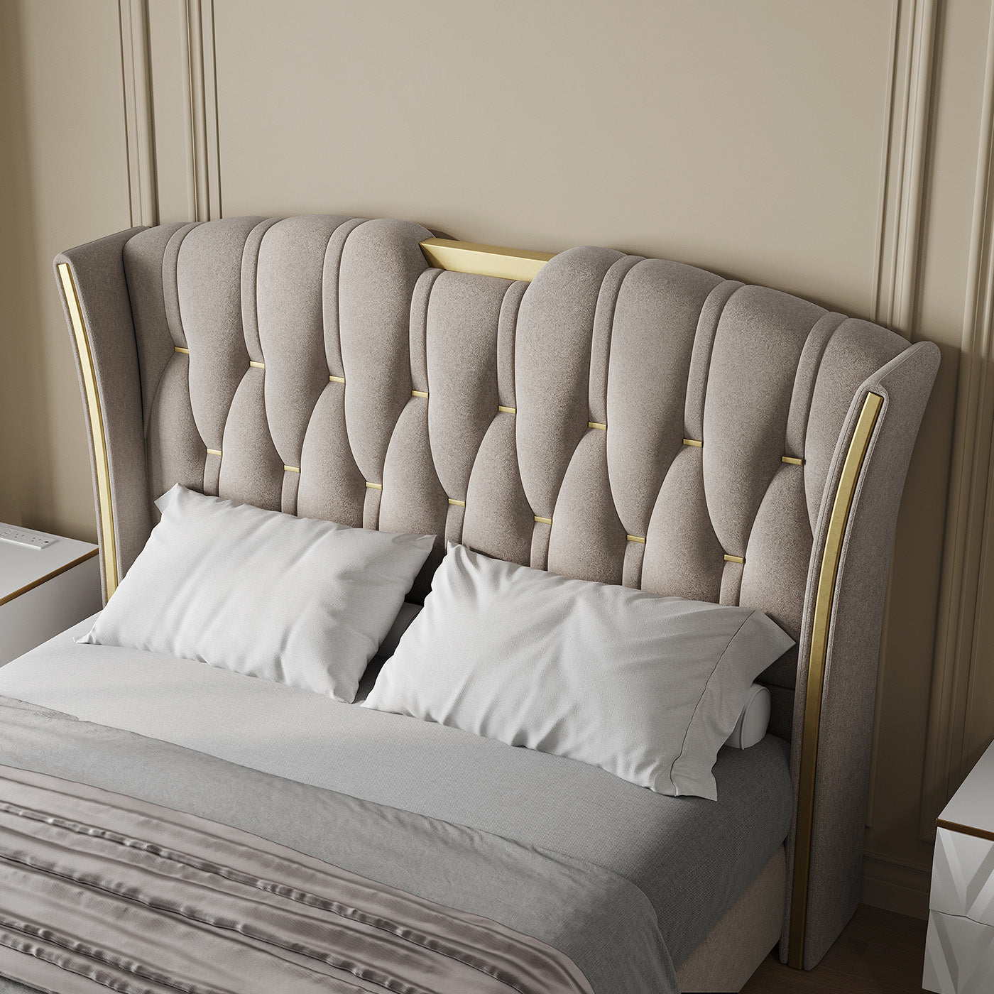 Sophie Common Luxury Tufted Grey Upholstered Wingback Platform Bed Frame Queen with Headboard
