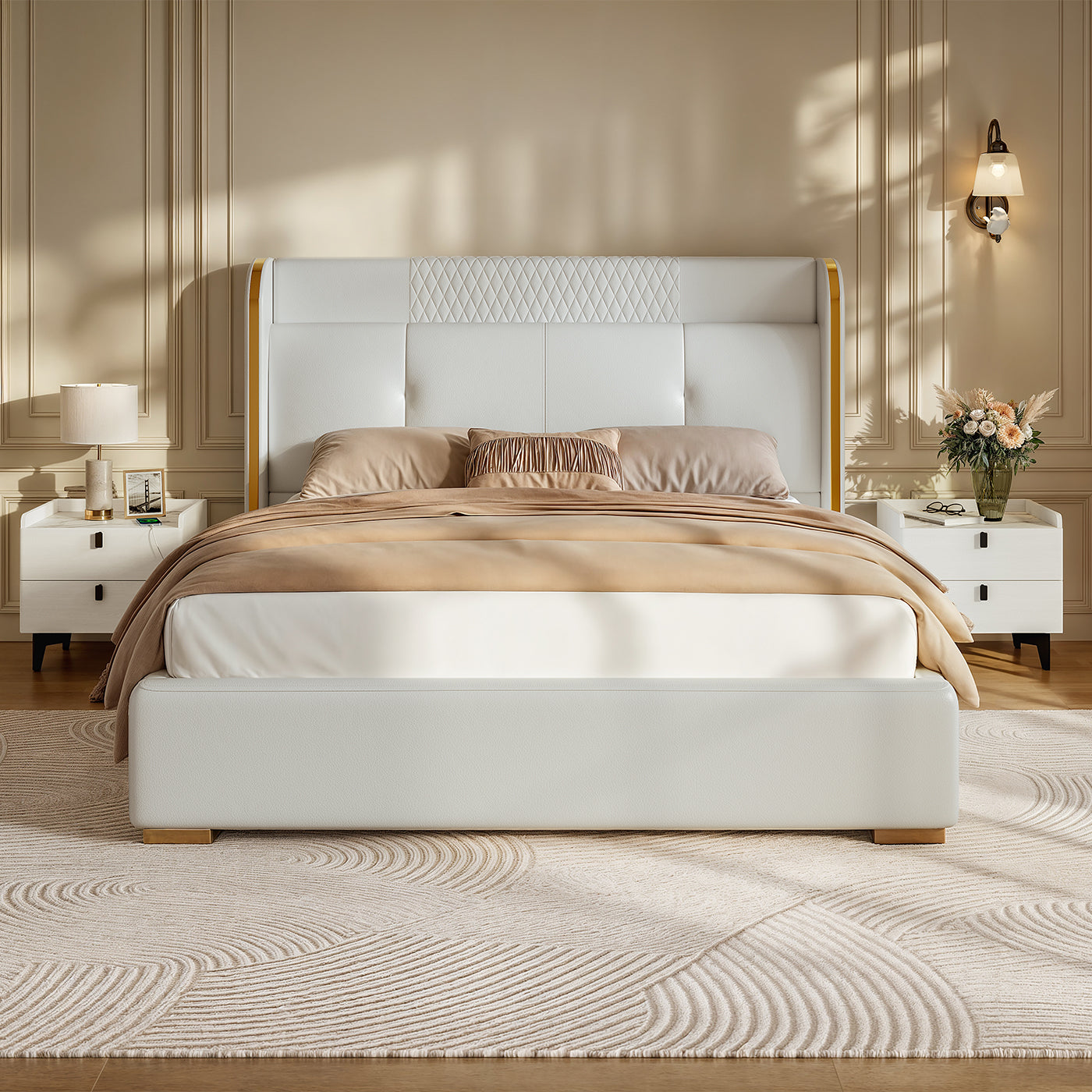 V,{Set A (with white nightstands)}