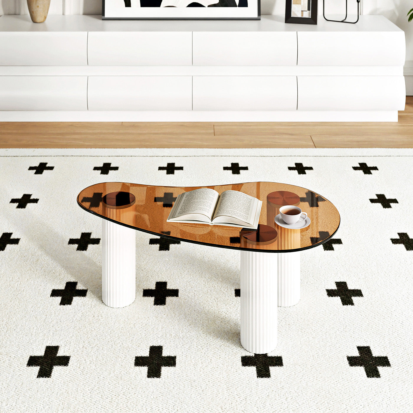Kelly Nordic Tempered Glass Coffee Table with Three Legs