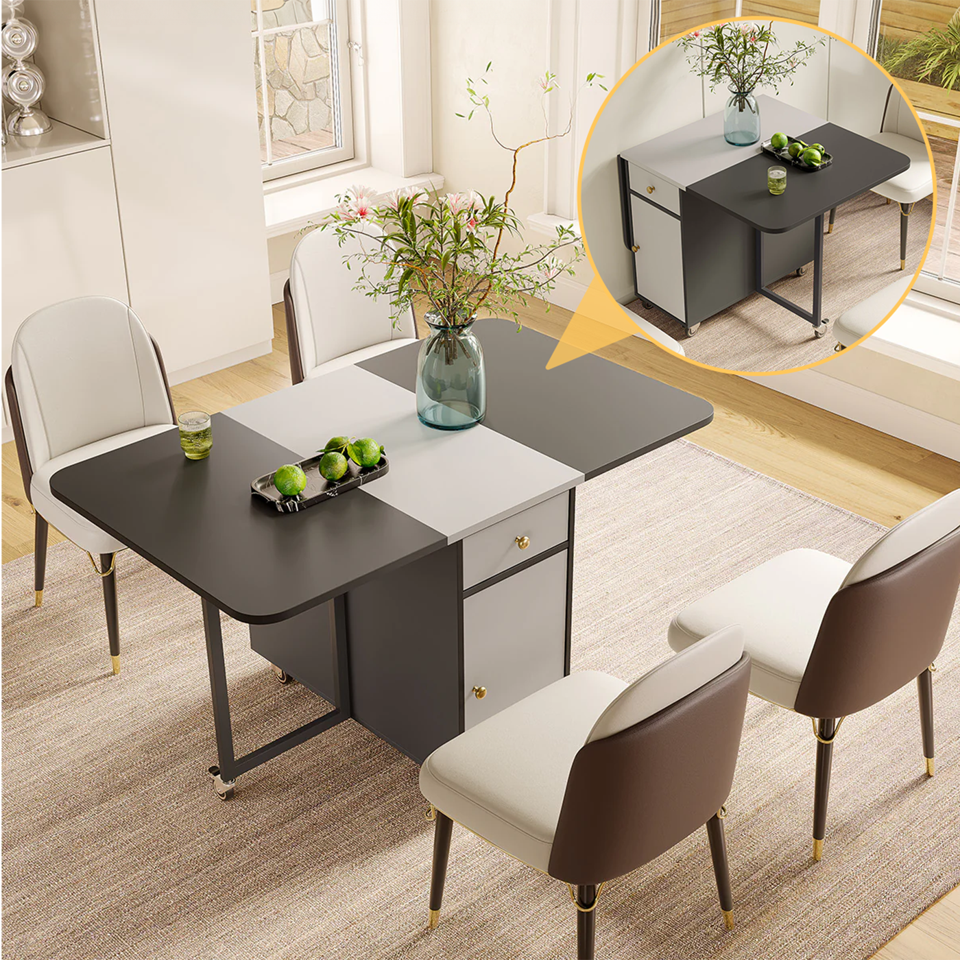 Jackson Modern White & Black 17.7"-53.6" Small Rectangle 4-6 Seater Folding Dining Room Table with Storage on Wheels