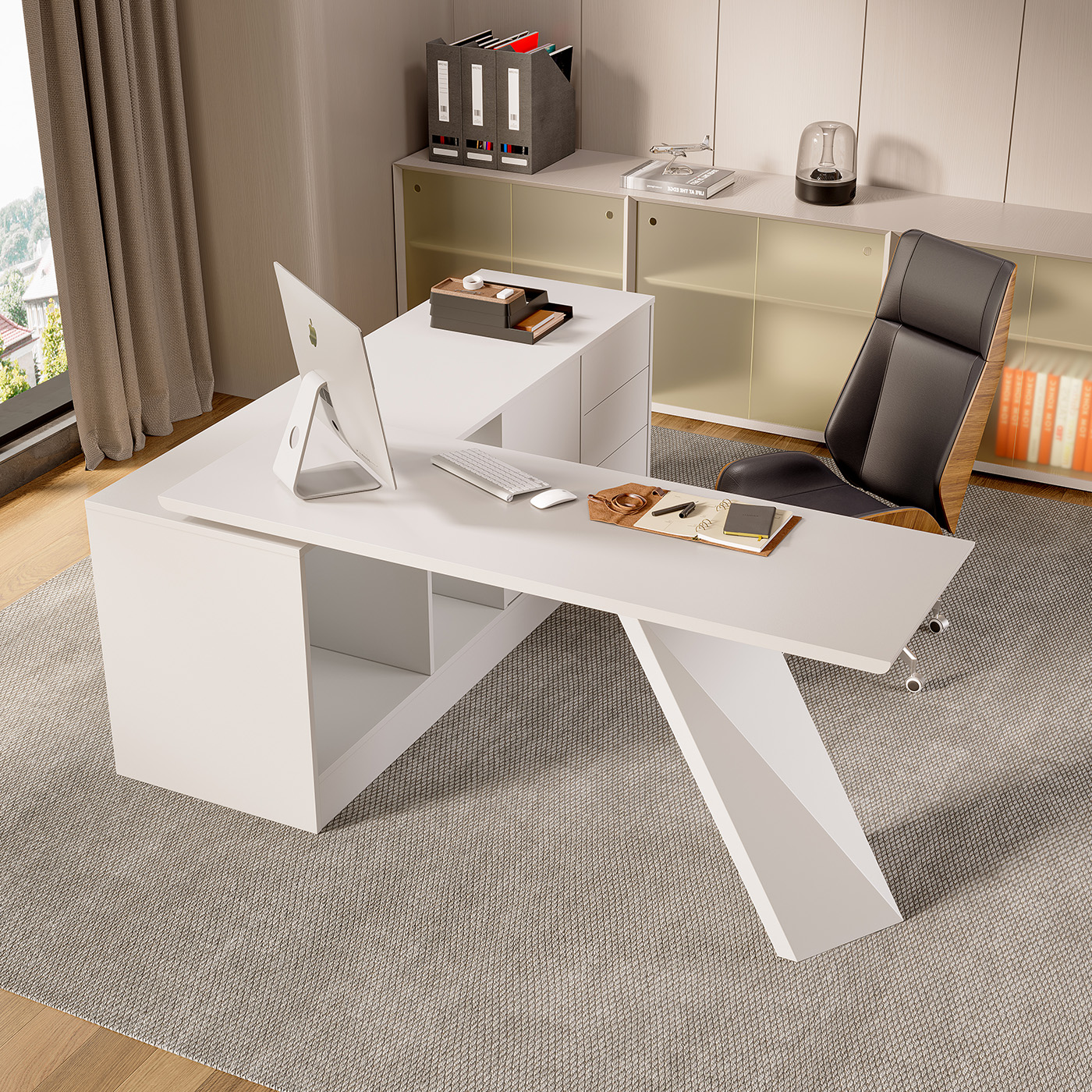 George Modern Home Office White Large L Shaped Executive Desk with Drawers & Cabinet