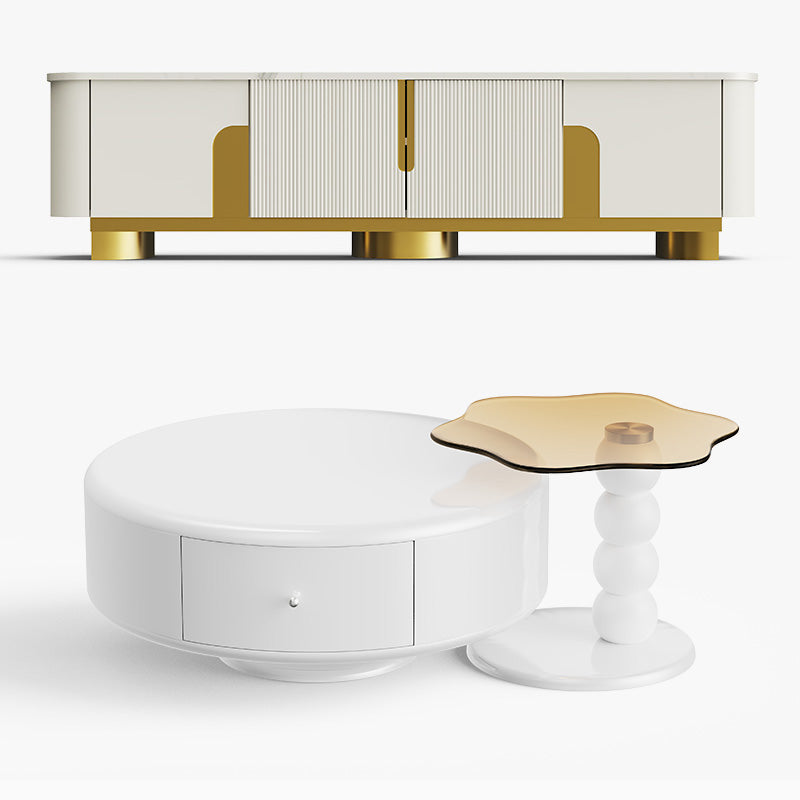 Elina Nordic White Rounded-Corner TV Stand & Coffee Table Set for Modern Living Room