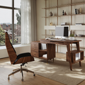 Miya Japandi Walnut Office Desk & PU Leather Swivel Office Chair Set