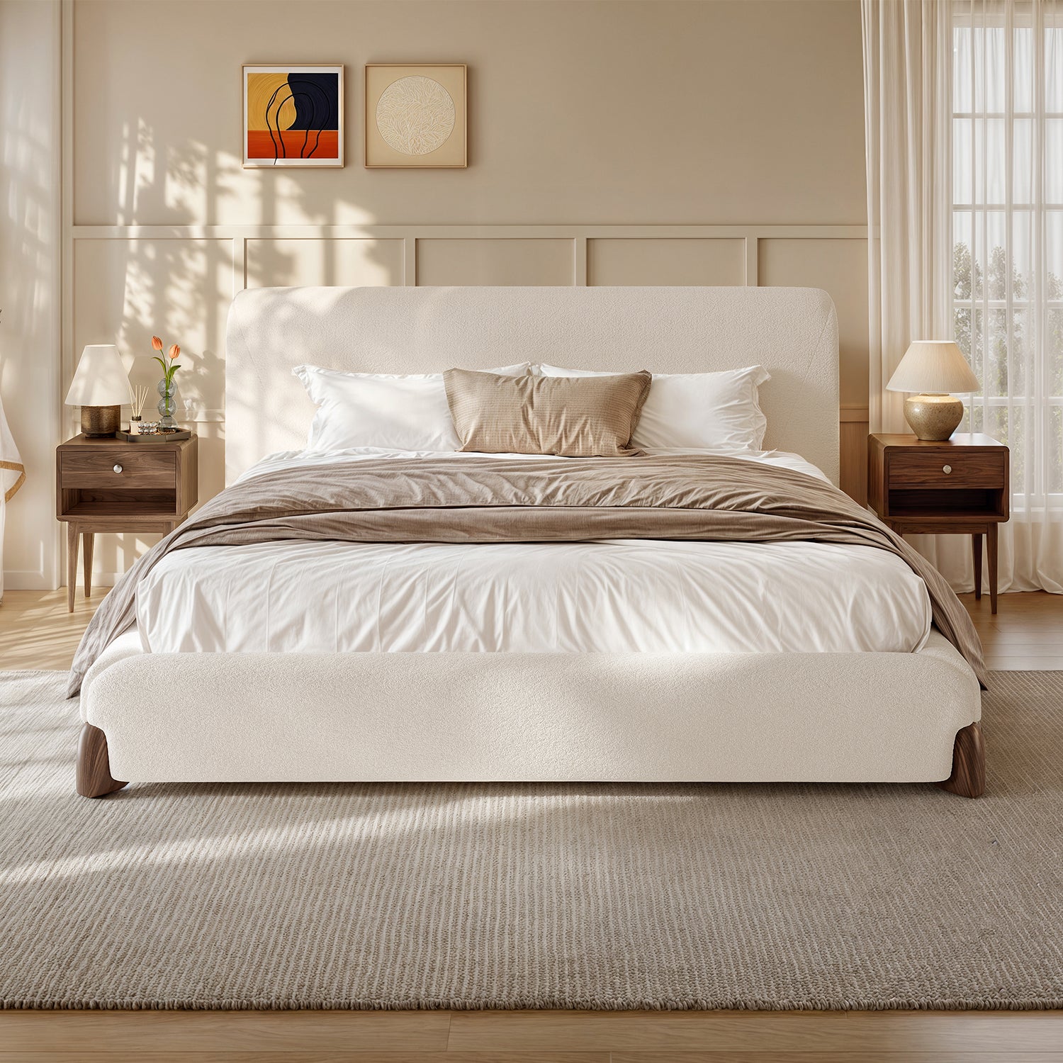 Miya Japandi Upholstered Sherpa Platform Bed Frame & 2 Nightstands Set