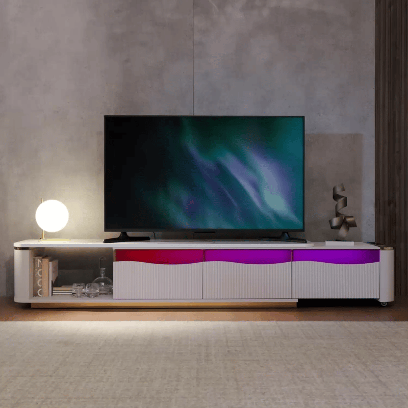 GlowStream Extendable TV Stand with LED Lights and Ample Storage (70″-95″)