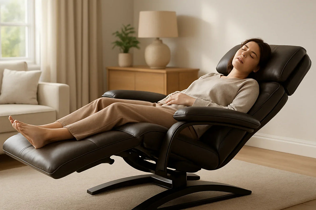 A modern zero-gravity recliner in a fully reclined position with a person sleeping comfortably.