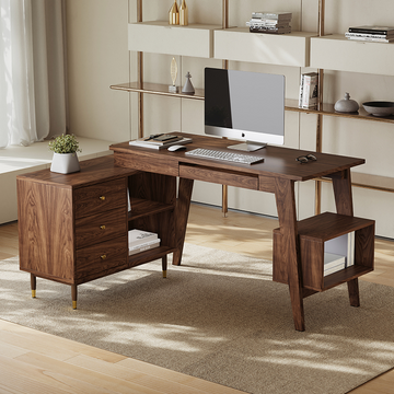 Miya Japandi Walnut Modern Home Office Desk with Drawers Multi-Functional Storage