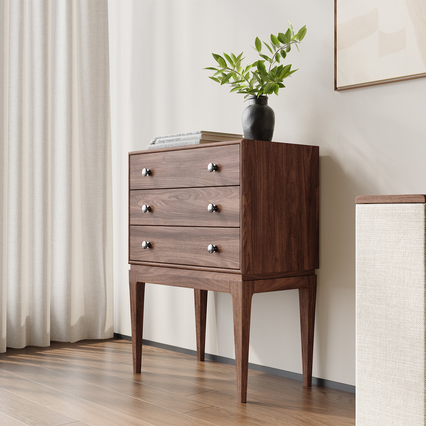 Miya Japandi Tall Leg Walnut Wood Small Sideboard with Drawers