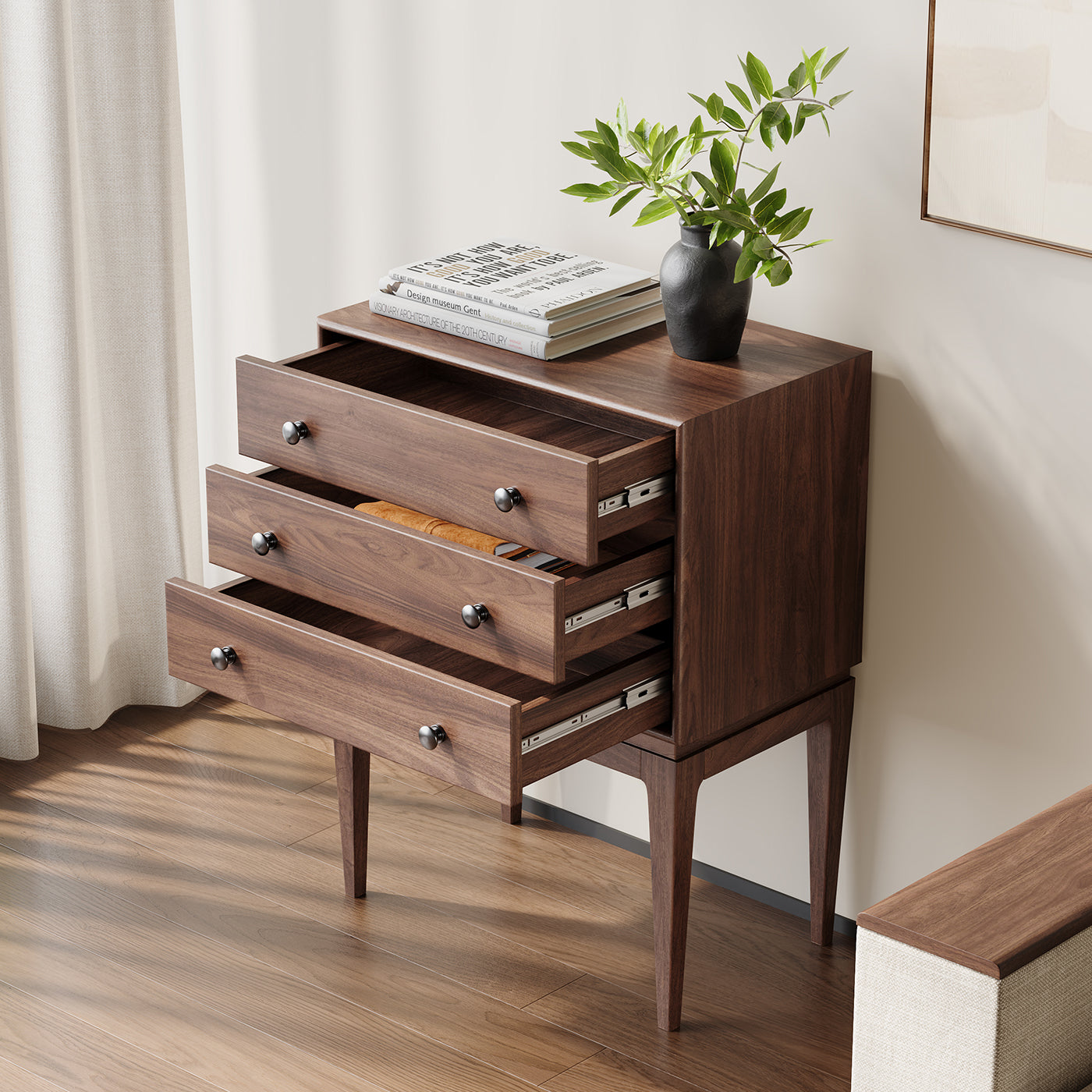 Miya Japandi Tall Leg Walnut Wood Small Sideboard with Drawers