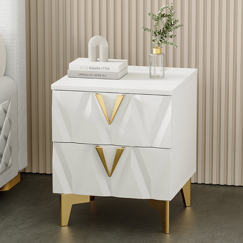 Sophie Common Luxury White 2-Drawer Nightstand with V-Shaped Facet & Gold Pulls