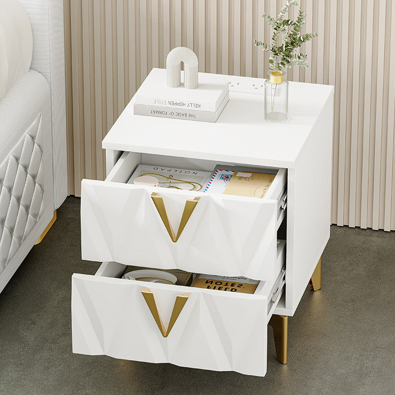 Sophie Common Luxury White 2-Drawer Nightstand with V-Shaped Facet & Gold Pulls