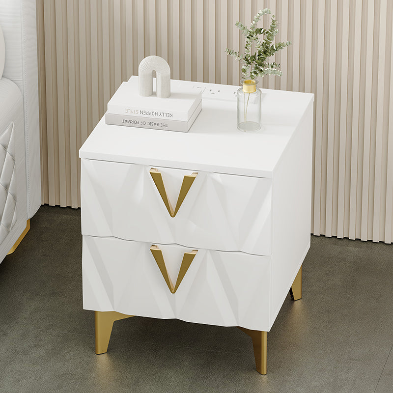 Sophie Common Luxury White 2-Drawer Nightstand with V-Shaped Facet & Gold Pulls