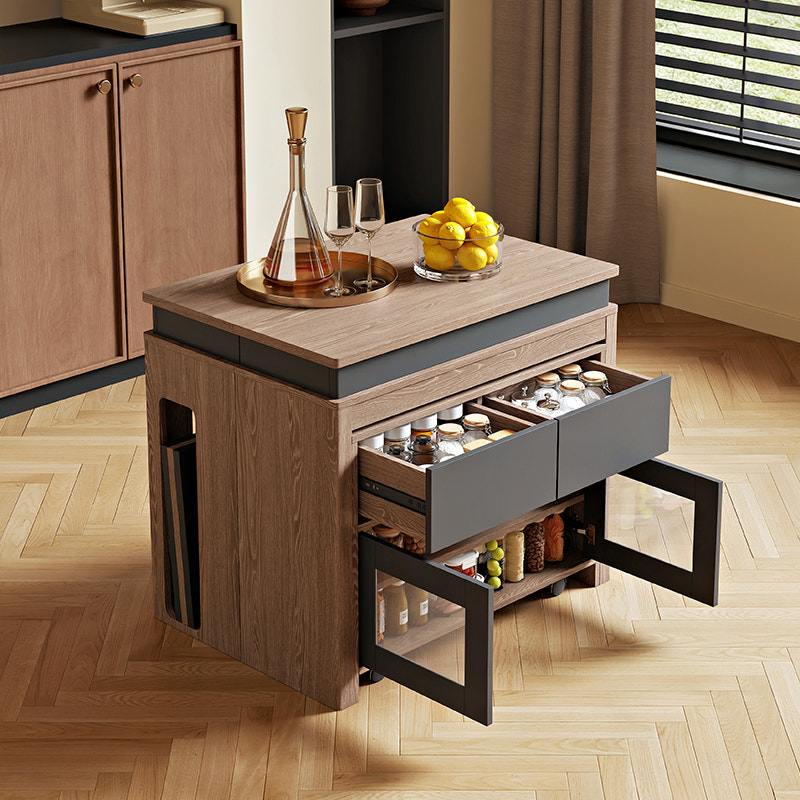 Open drawers of kitchen island with storage