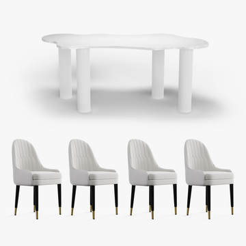 Elina Nordic White 4-Leg 67 Inch Irregular Cloud Dining Table Set for 4 with Chairs