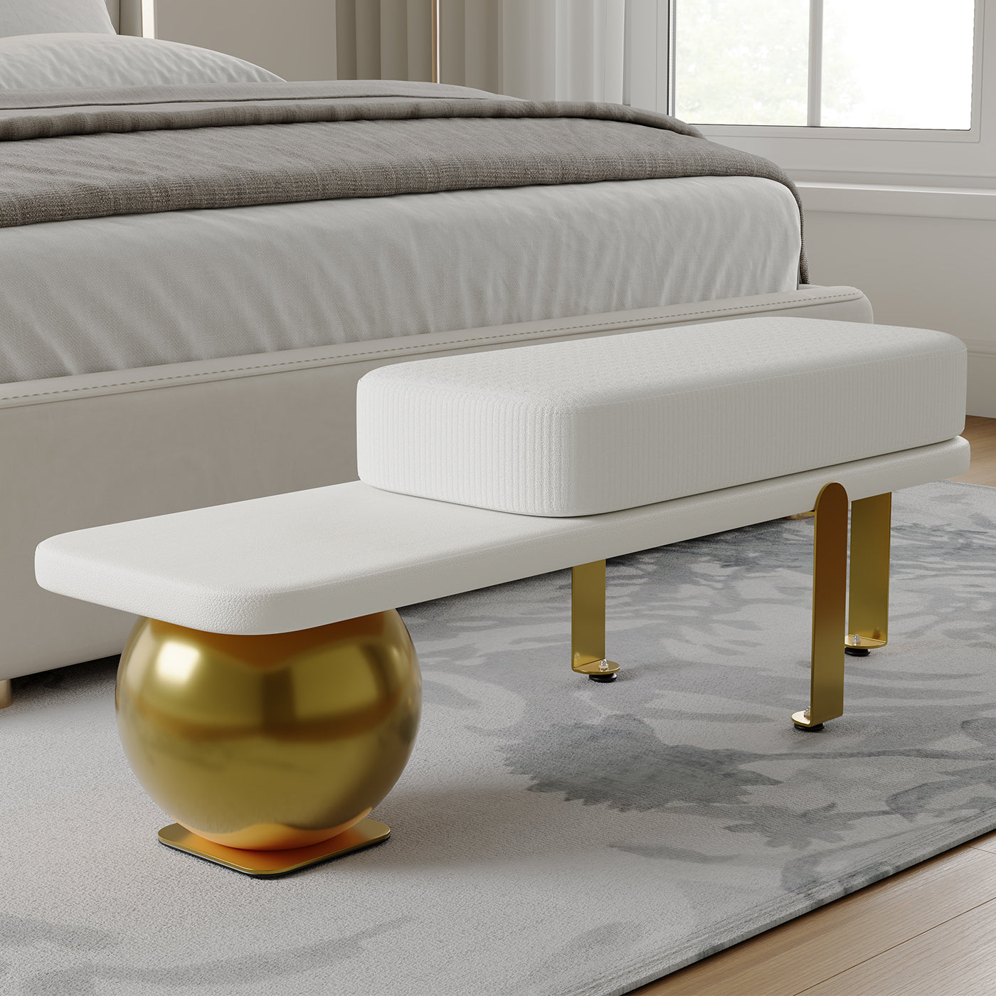 Eden Common Luxury White & Gold Entryway Bench with Abstract Metal Legs