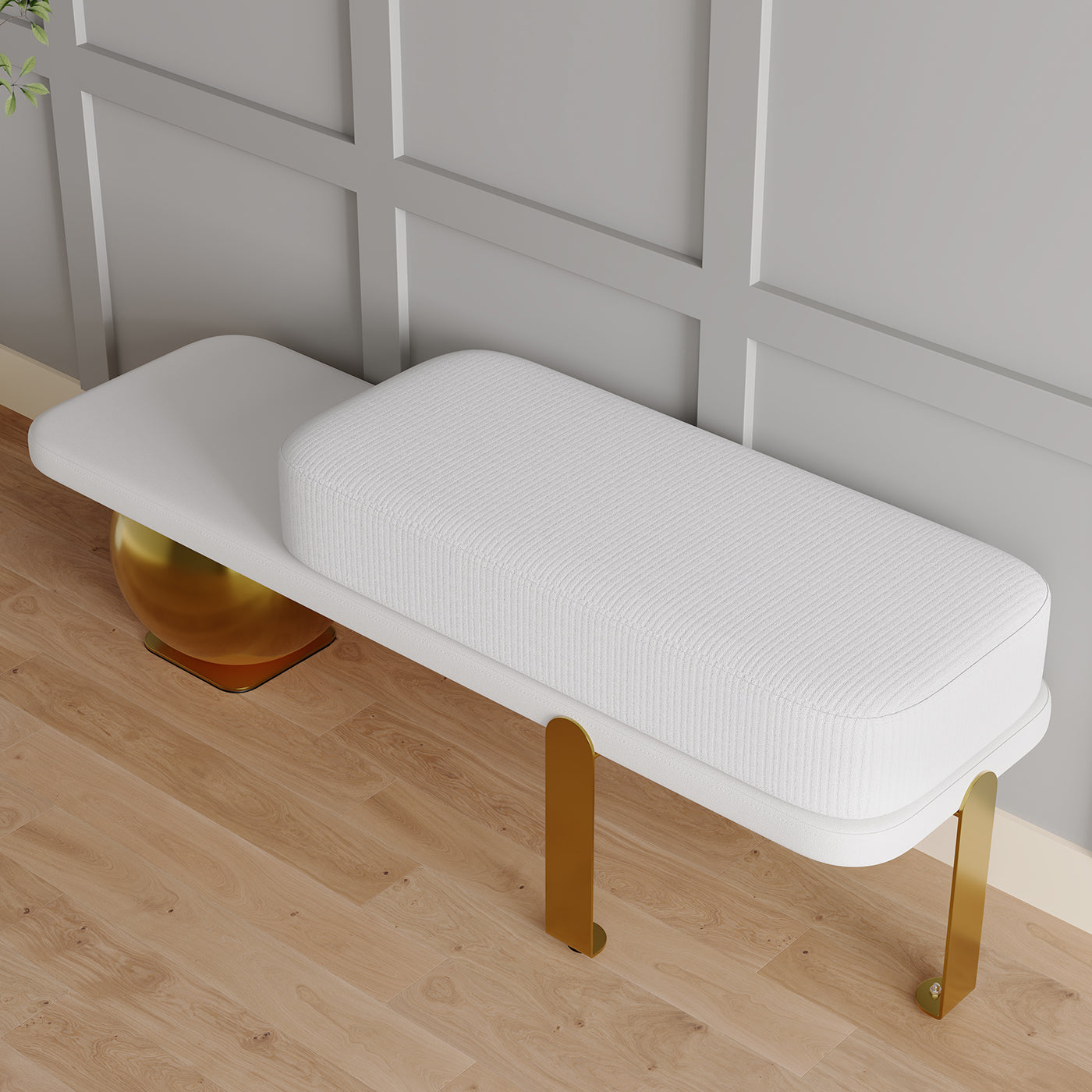 Eden Common Luxury White & Gold Entryway Bench with Abstract Metal Legs