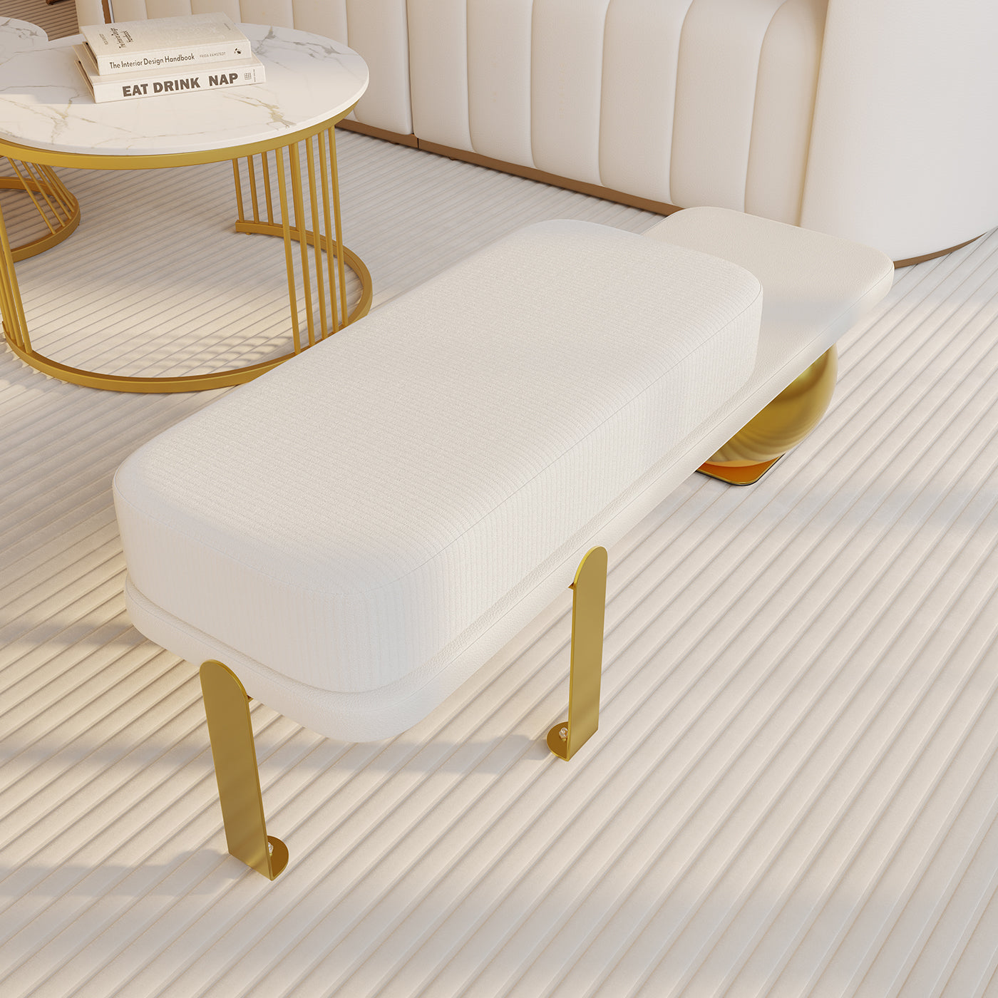 Eden Common Luxury White & Gold Entryway Bench with Abstract Metal Legs