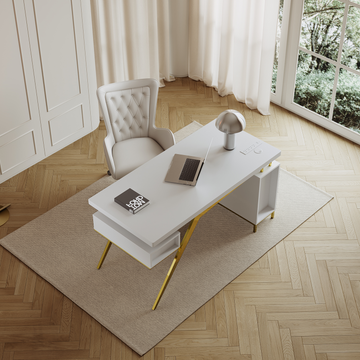 Sophie Common Luxury White Office Desk & White Leather Best Ergonomic Office Chair Set