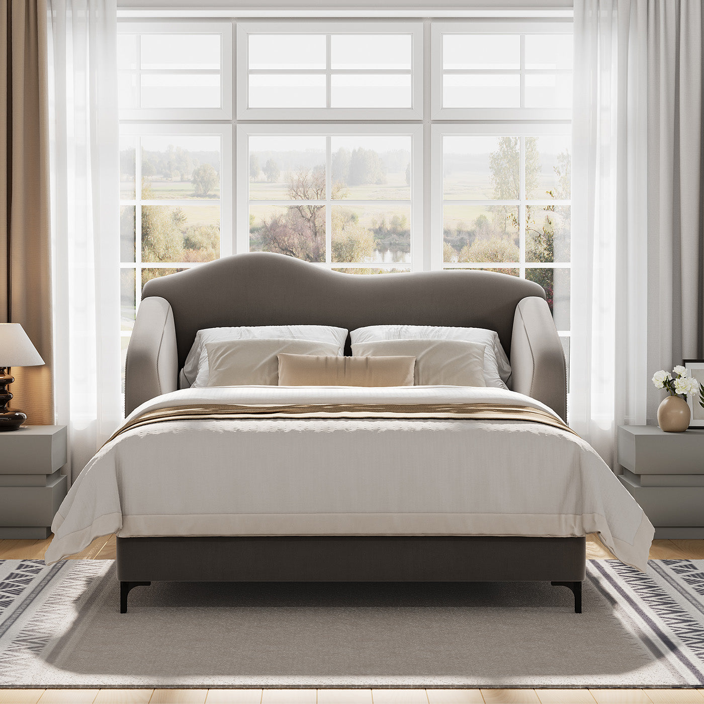 Kelly Nordic Grey Velvet Upholstered Bed Frame with Cloud Headboard — Queen Size