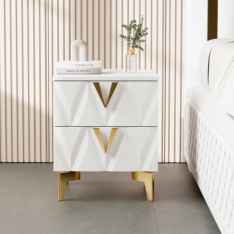 Sophie Common Luxury White 2-Drawer Nightstand with V-Shaped Facet & Gold Pulls