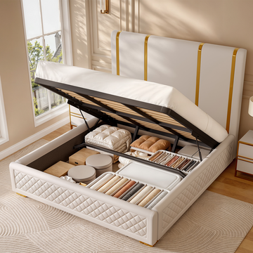 Cassandra Common Luxury PU Upholstered King Size Platform Bed Frame with Storage and Headboard