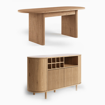 Todd Japandi 4 - 6 Person 63 Inch to 78.7 Inch Oval Wood Dining Tables with Storage Extendable Tabletop & Sideboard Set