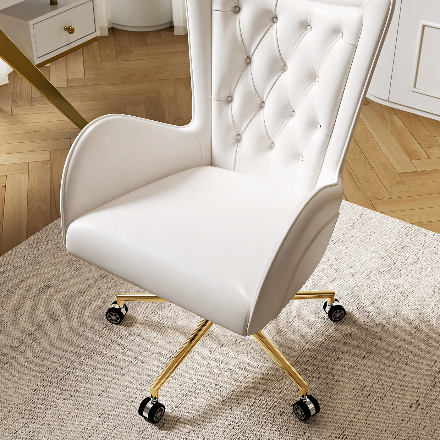 Sophie Common Luxury White Leather Ergonomic Office Chair with Adjustable Height and Swivel