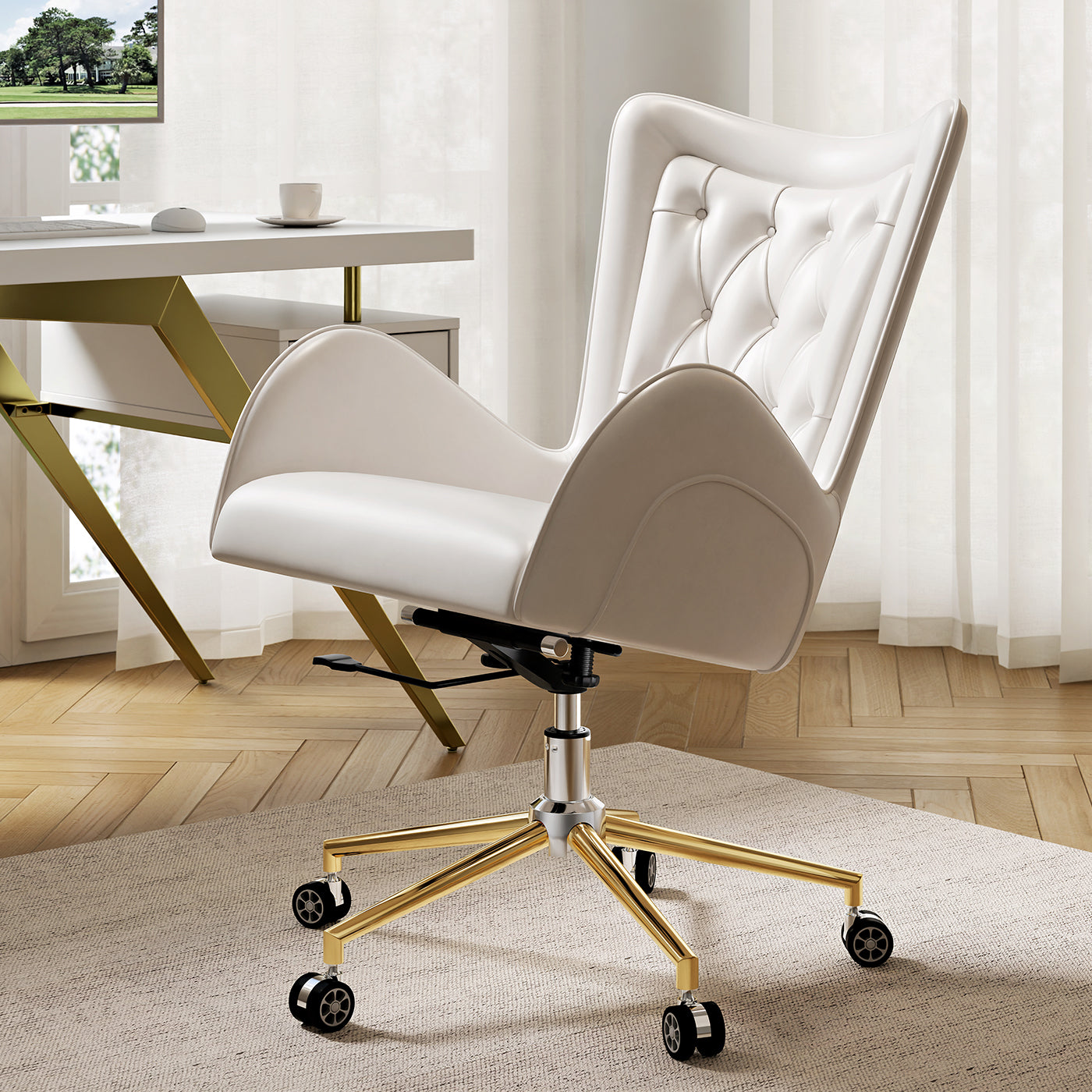 Sophie Common Luxury White Leather Ergonomic Office Chair with Adjustable Height and Swivel