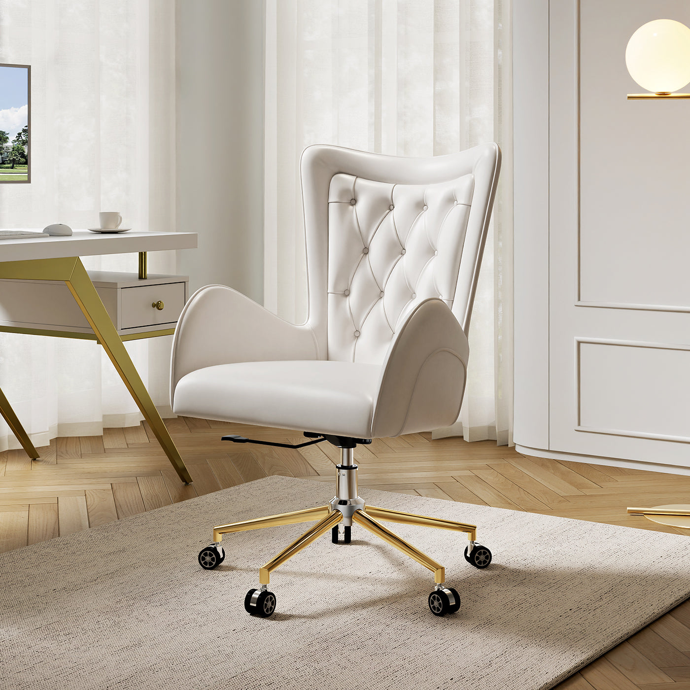 Sophie Common Luxury White Leather Ergonomic Office Chair with Adjustable Height and Swivel