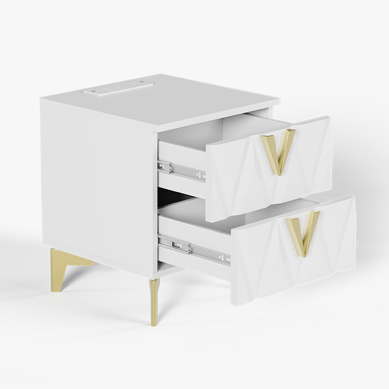 Sophie Common Luxury White 2-Drawer Nightstand with V-Shaped Facet & Gold Pulls