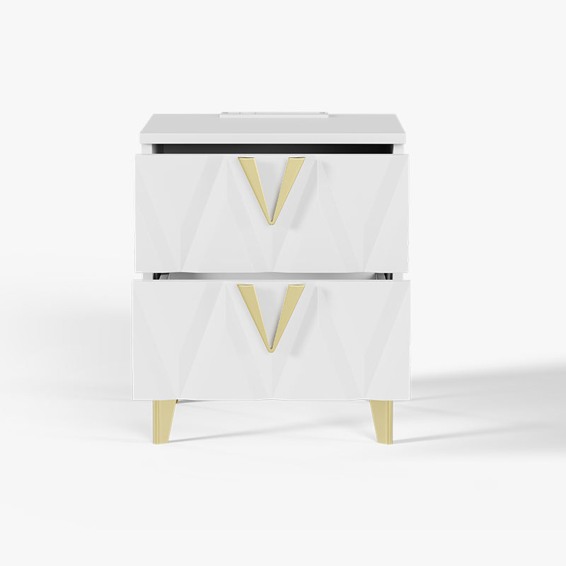 Sophie Common Luxury White 2-Drawer Nightstand with V-Shaped Facet & Gold Pulls