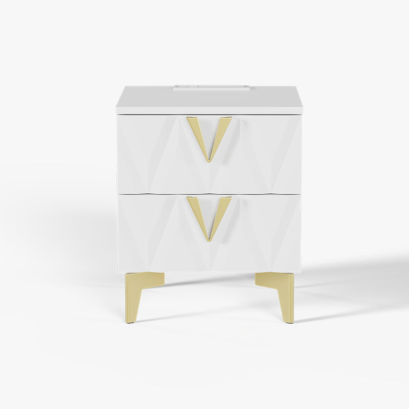 Sophie Common Luxury White 2-Drawer Nightstand with V-Shaped Facet & Gold Pulls