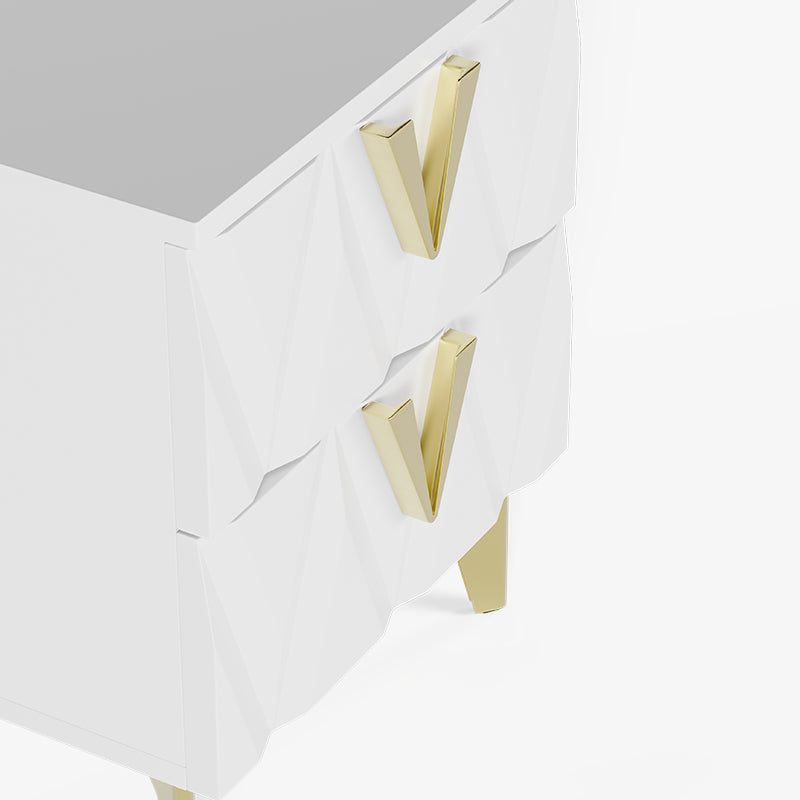 Sophie Common Luxury White 2-Drawer Nightstand with V-Shaped Facet & Gold Pulls