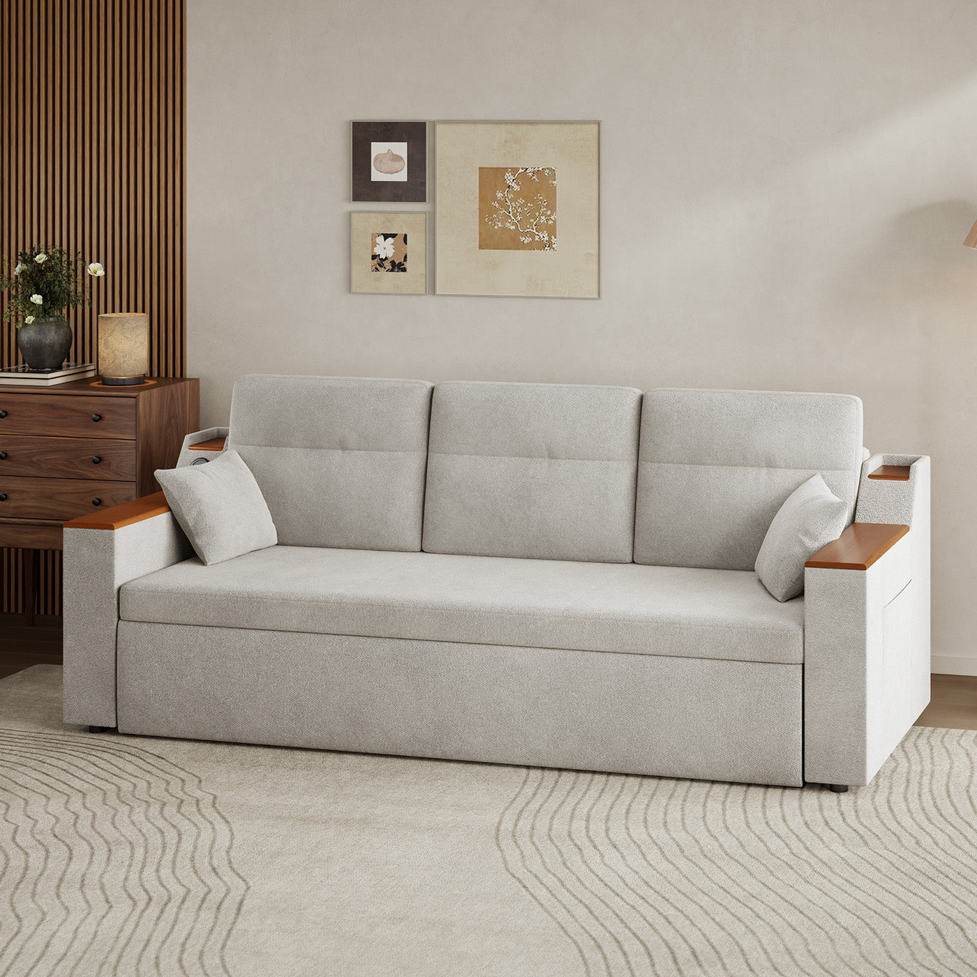 Miya Japandi Linen Sleeper Sofa with Trundle & USB Port