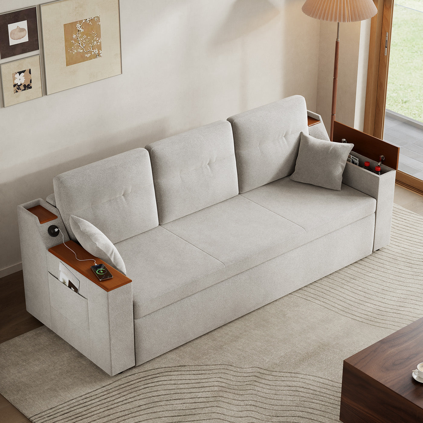 Miya Japandi Linen Sleeper Sofa with Trundle & USB Port