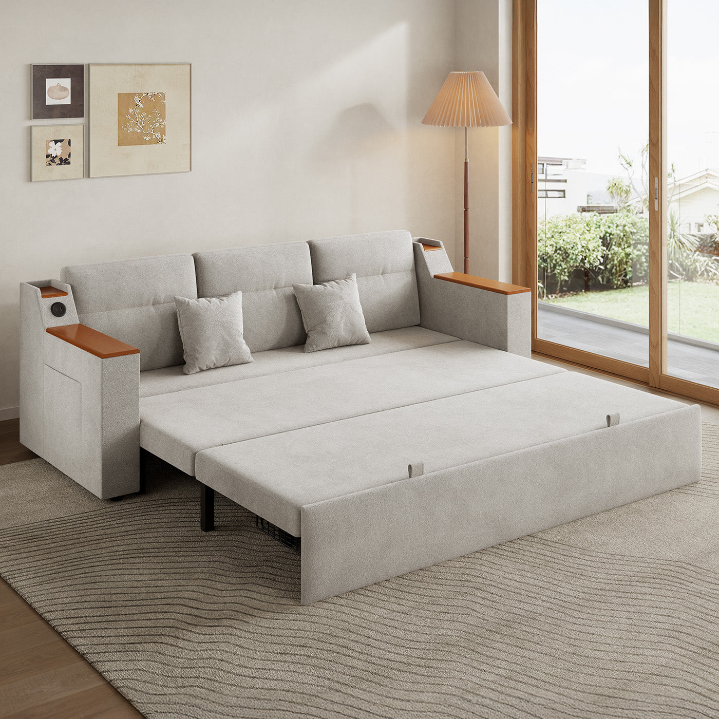 Miya Japandi Linen Sleeper Sofa with Trundle & USB Port