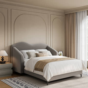 Kelly Nordic Grey Velvet Upholstered Queen Platform Bed Frame with Cloud Headboard