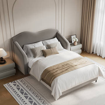 Kelly Nordic Grey Velvet Upholstered Queen Platform Bed Frame with Cloud Headboard