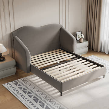 Kelly Nordic Grey Velvet Upholstered Queen Platform Bed Frame with Cloud Headboard