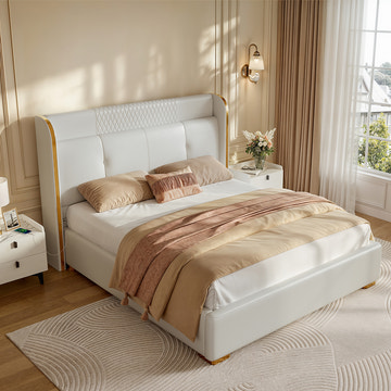 George Modern PU Leather Upholstered White Platform King Bed Frame Set with 2 Nightstands