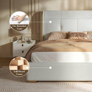 George Modern White PU Leather Upholstered Platform Bed Frame King Size with Headboard