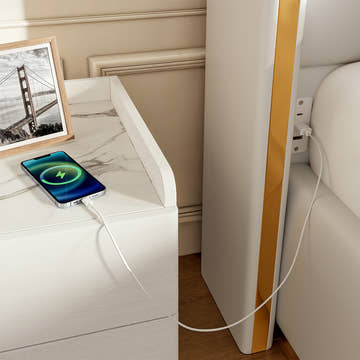 George Modern PU Leather Upholstered White Platform King Bed Frame Set with 2 Nightstands