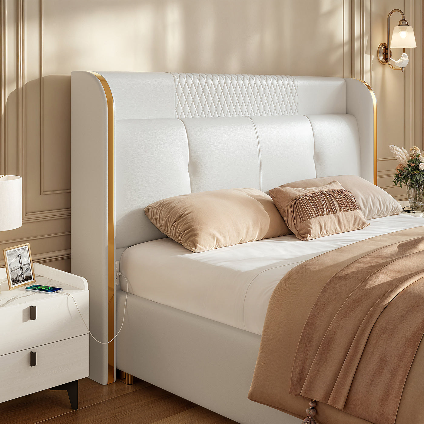 George Modern PU Leather Upholstered Bed Frame with Headboard--King Size
